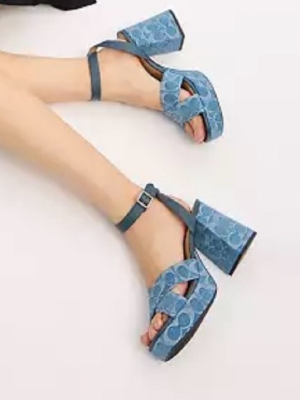 Coach Denim Blue Platform Block Heel Sandal with Ankle Strap